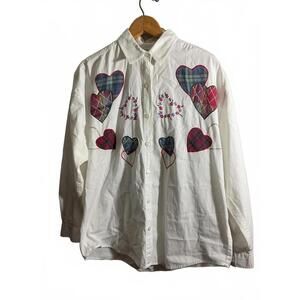 Jane Ashley White Button-Down Shirt with Colorful Heart Patches Small